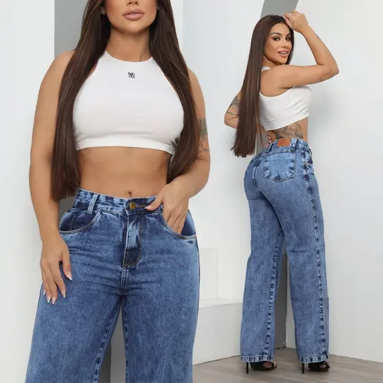 Calça Jeans feminina Wide Leg Marmorizada Pantalona Cós Alto