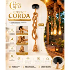 Kit 1 A 4 Luminária Teto Pendente Corda 1,5 Metro Rústico Sisal Retro Vintage Bar Restaurante