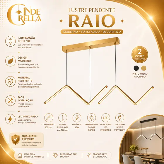 Luminária De Teto Lustre Pendente Raio Sala De jantar Led Geometria NN Mininalista