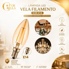 Lâmpada LED Vela Filamento C35 E14 4W Bivolt Sem Bico Luz Amarela Decorativa