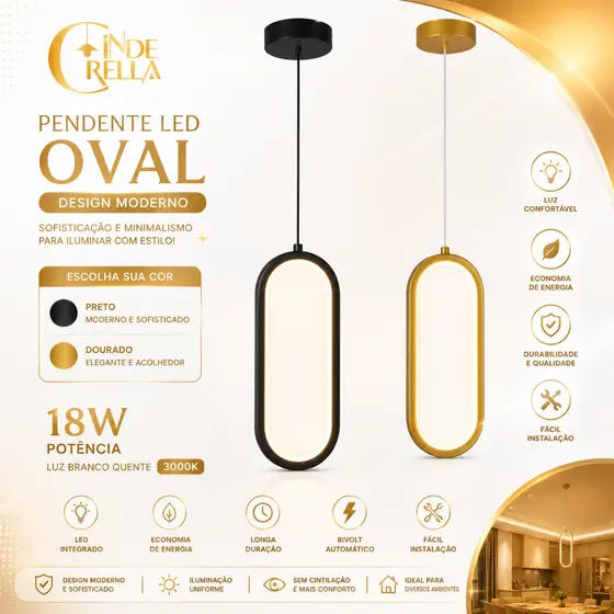 Pendente LED Moderno Oval Design Minimalista | 3 Cores de Luz | Dourado ou Preto