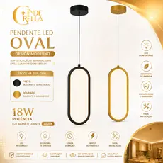 Pendente LED Moderno Oval Design Minimalista  | 3 Cores de Luz | Dourado ou Preto