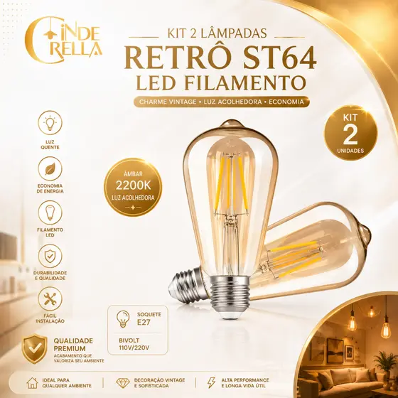 Kit 2 Lâmpadas Retrô ST64 LED Filamento – Vidro Âmbar – Bocal E27