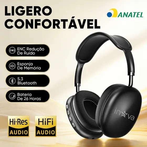 INOVA Fone Bluetooth Sem Fio Dobrável Original Com Cancelamento De Ruído E Longa Duração De Bateria 26 Horas