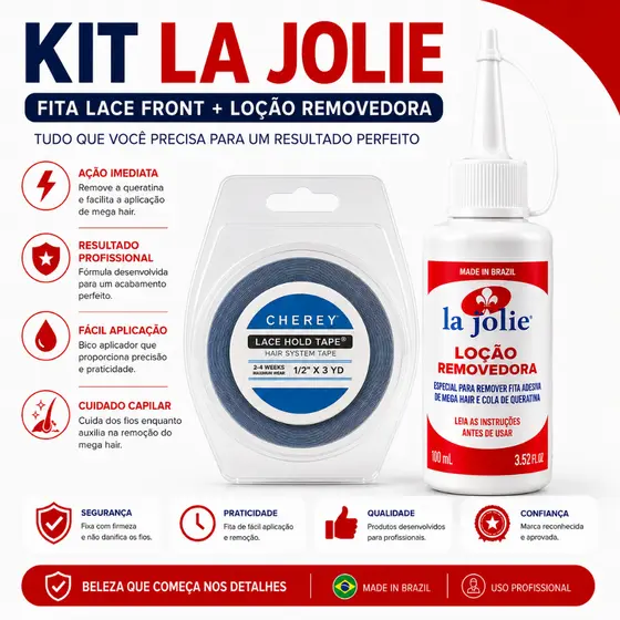 Kit Removedor La Jolie 100ml De Mega Hair + Fita Adesiva 3m Walker Tape Fixação Forte Protese Lace Peruca Implante