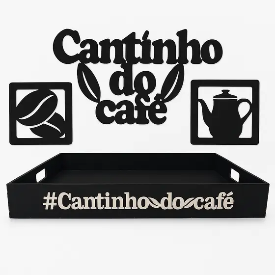 Bandeja Cantinho do café  preta cozinha servir 40x30x5cm+kit de parede