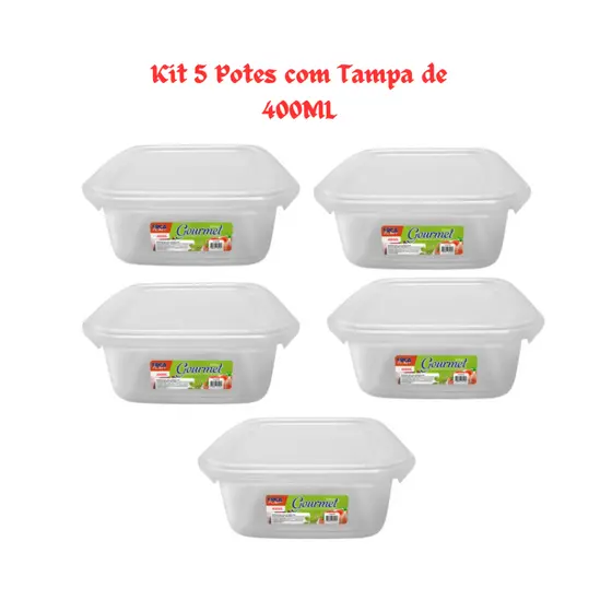 Jogo 5 Potes organizador com Tampa e Com Trava 400ml Transparente Kit Marmita Fitness-BPA
