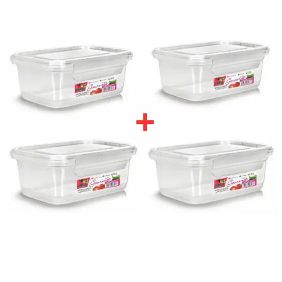 Kit 4 Potes Retangulares Transparente Com Travas 400ml Tampa Hermética Plástico Resistente