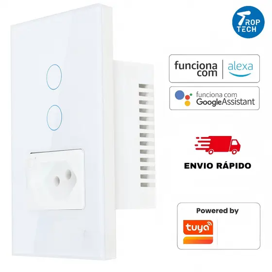 Interruptor Inteligente Wifi 1 e 2 Botões Touch Tomada Bivolt Smartlife Tuya Panda Plus Alexa Google Comando Voz Trop