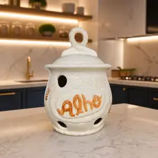 Pote de Alho em Cerâmica Porta Alho Trigo Decorativo com Tampa Organizador de Cozinha Elegante Porta Temperos Rústico