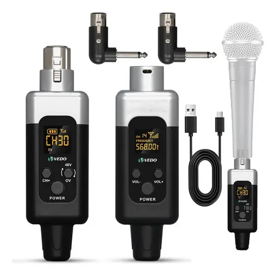 VEDO Conversor De Microfone Sistema Sem Fio 48V Transmissor e Receptor XLR 30 Canais Para Microfone Mesa de som