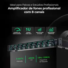 VEDO Amplificador De Fones De Ouvido 8 Canais VD8000-V Tipo Power Play Com 8 Amplificadores Estéreo Independentes