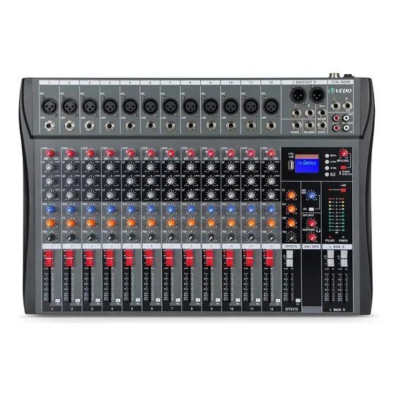 VEDO 12 Canais Mesa De Som VDA212L 99 DSP,EQ 7 Bandas,BT,Gravação PC/Pendrive USB de Alta Velocidade Phantom Power 48V