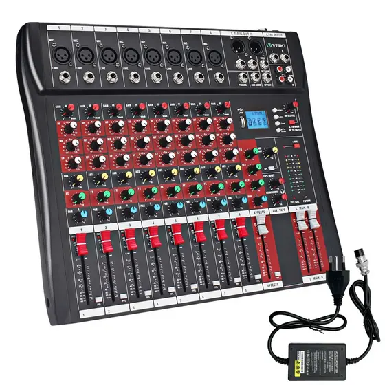 VEDO Console De Mixagem Digital 8 Canais Mesas de Som Bluetooth USB Mixer Mp3 Player Phantom +48V Integrada 110/220V