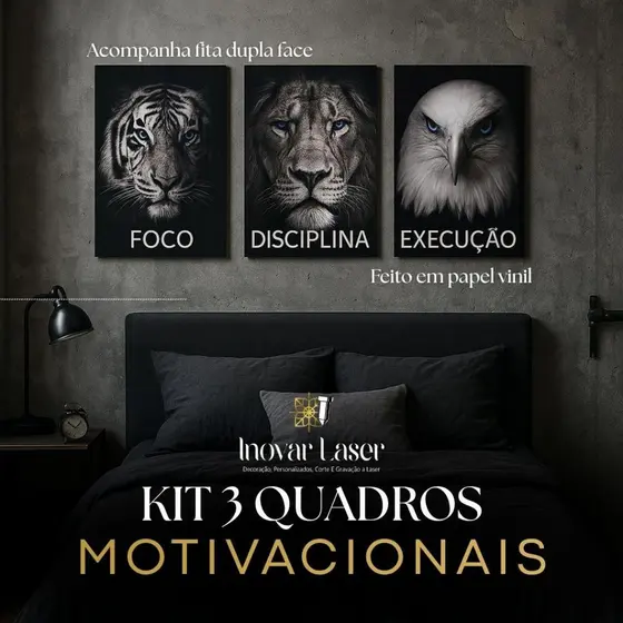 Quadros Decorativos Mdf Águia Tigre Leão Foco Motivação Escritório Moderno