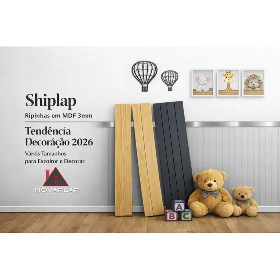 Shiplap retangular em MDF Ripado Ripas Decorativo Cru 3mm - Kits 5, 10 e 15 Ripinhas Tendência 2026
