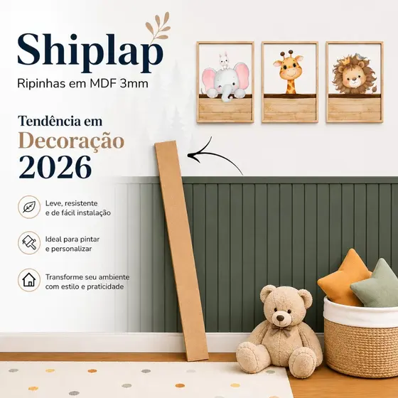 Shiplap retangular em MDF Ripado Ripas Decorativo Cru 3mm - Kits 5, 10 e 15 Ripinhas Tendência 2026