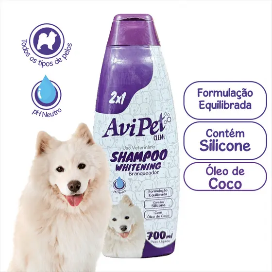 Shampoo Branqueador Cães 700ml Avipet (Limpa, Condiciona, Hidrata, Revitaliza, Nutre e Brilha)