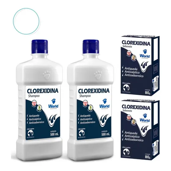 Kit 2 Shampoo + 2 Sabonete Clorexidina Antisséptico Antisseborreico Antiqueda Dermatites Infecções de Pele Cães e Gatos