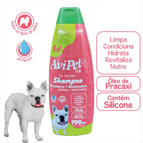 Shampoo Morango Cães 700ml Avipet (Limpa, Condiciona, Hidrata, Revitaliza, Nutre e Brilha)