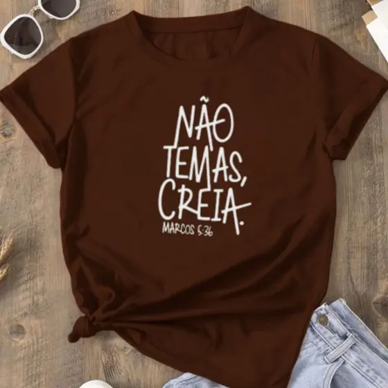 Camiseta Feminina 100% Algodão Cor Marrom Tendência Do Momento Modelo Cristã