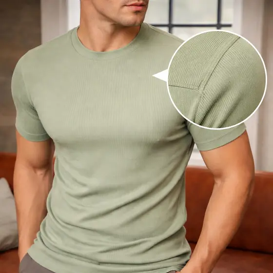 Camiseta Básica Masculina Texturizada Canelada Slim  Malha Macia com Elastano Camisa Premium