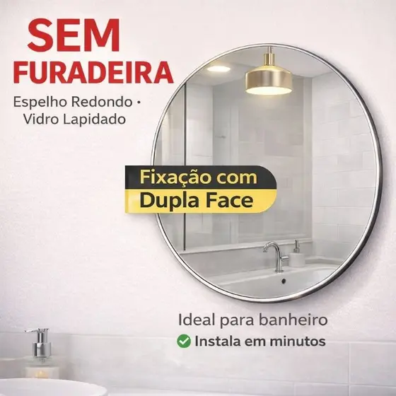 Espelho Redondo para Banheiro 40cm ou 60cm Vidro Lapidado Moderno Fixação Dupla Face