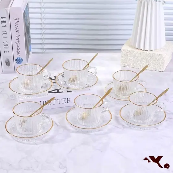 Kit 12 Peças com 6 Xícaras Caneladas e 6 Pires com Fio de Ouro e Caixa Especial e Segura