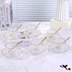 Kit 12 Peças com 6 Xícaras Caneladas e 6 Pires com Fio de Ouro e Caixa Especial e Segura