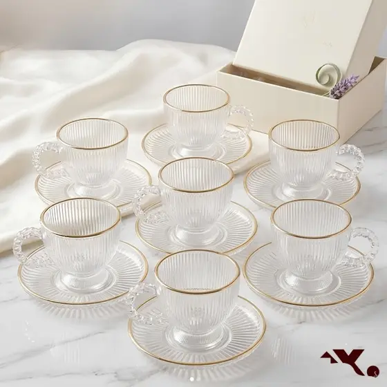 Kit 12 Peças com 6 Xícaras de Vidro Canelado e 6 Pires Resistentes Perfeito para Café