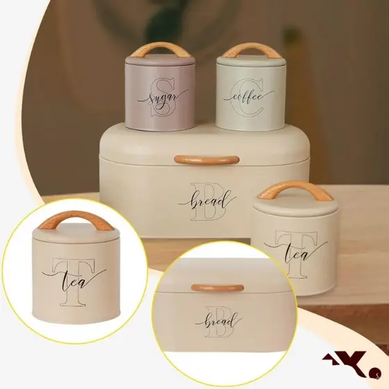 Kit Porta-Pão de Metal e Puxador de Bambu com 3 Latas para Mantimentos Coloridas
