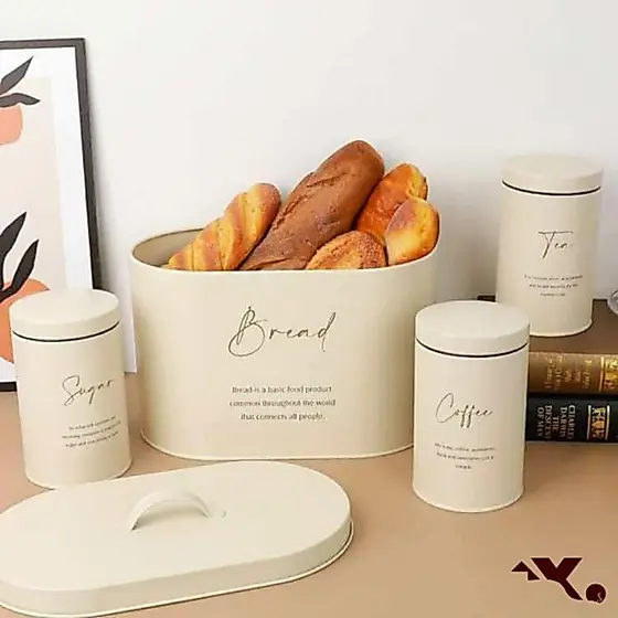 Kit Porta-Pão e Metal Resistente e 3 Latas para Mantimentos com Alta Vedação
