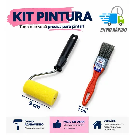 Kit Pintura Pequeno C/ Rolo de Espuma Poliéster 9cm e Trincha de "1" Polegadas Ideal Pequenos Reparos