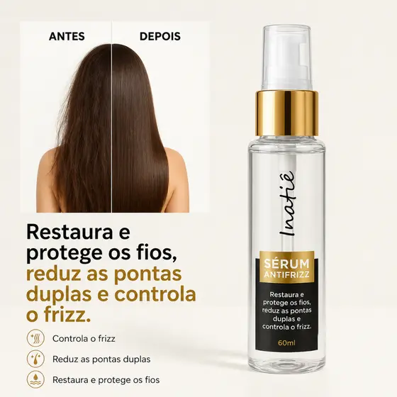 Sérum Capilar Antifrizz 60ml Nutrição Brilho Proteção Térmica Reparação Pontas Toque Sedoso Inatiê
