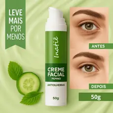 Creme Hidratante Facial Antiolheiras Pepino Colágeno Área Olhos Reduz Bolsas Rugas Finas Inatiê 50g