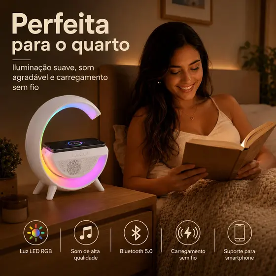 Luminária de Mesa RGB 3 em 1 Caixa de Som Bluetooth Carregador por Indução Relógio Digital