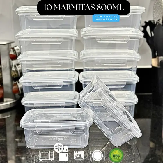 Kit 10 Marmita Potes 800ml com Travas Laterais BPA FREE - Alimentos organizadores de congelador