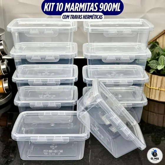 Kit 10 Marmita Potes 900ml Travas Laterais Reutilizável - Livre de BPA Alimentos organiza congelador