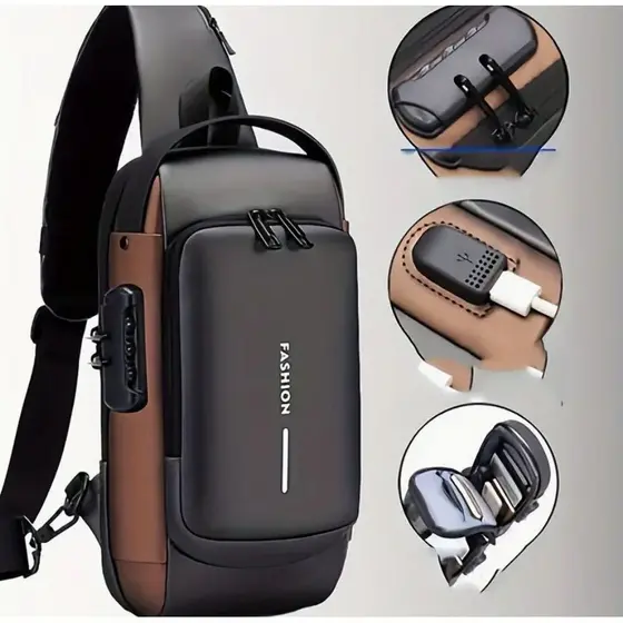 Mochila De Peito Masculina À Prova D'água De Trava De Código Antifurto Com Usb Alta Qualidade