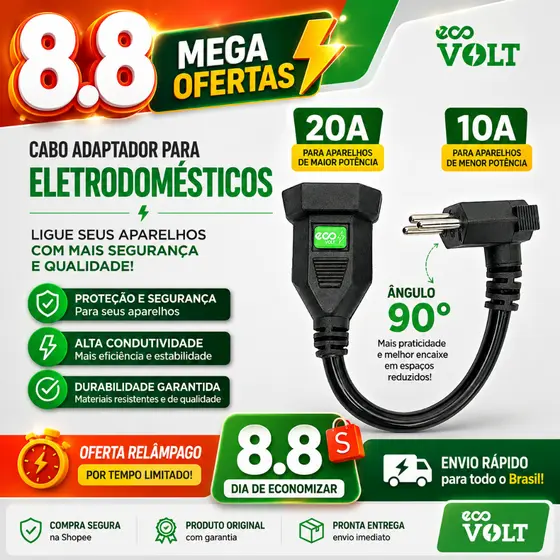 Cabo Adaptador 20a X 10a Reforçado (plugue 90°) Ecovolt