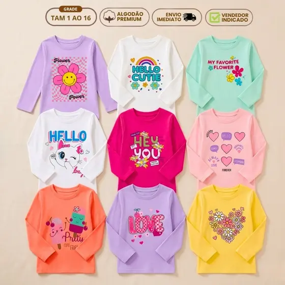 Kit 6 Camiseta Menina Feminina Manga Longa em Algodão Lisa e Estampada Outono Inverno 1 ao 16
