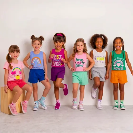 Kit 4 Peças Roupa Feminina Infantil Menina Verão 2 Camiseta Curta 2 Bermuda Lisa Calor Algodão 1 ao 16 anos