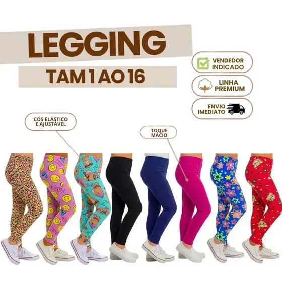 Kit 4 Calça Legging Infantil Feminina Algodão Lisa e Estampada Roupa Menina Juvenil Criança 1 ao 16