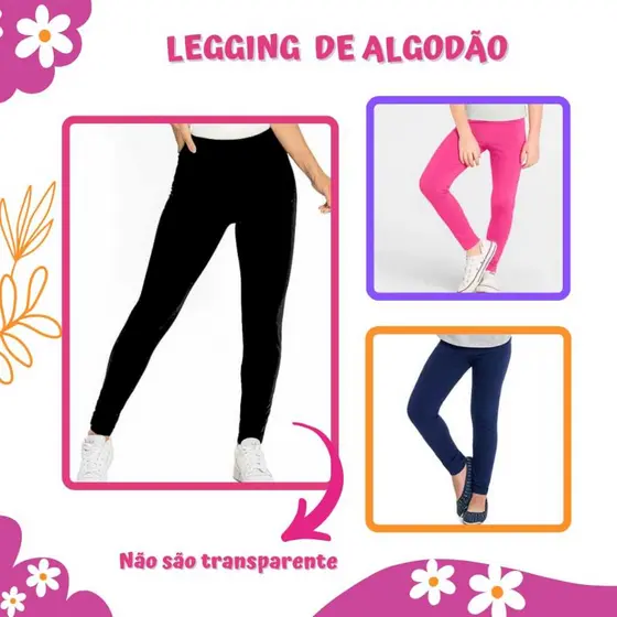 3 Legging Lisa Infantil Preta Azul e Pink de Algodão Verão Meia Estação Tamanho 1 ao 16 com Elastano