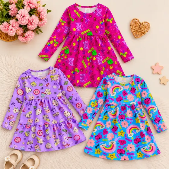 Kit 3 Vestidos Infantis Manga Roupa de Menina Inverno Algodão Cotton 1 ao 8 anos Envio Imediato Sortidos
