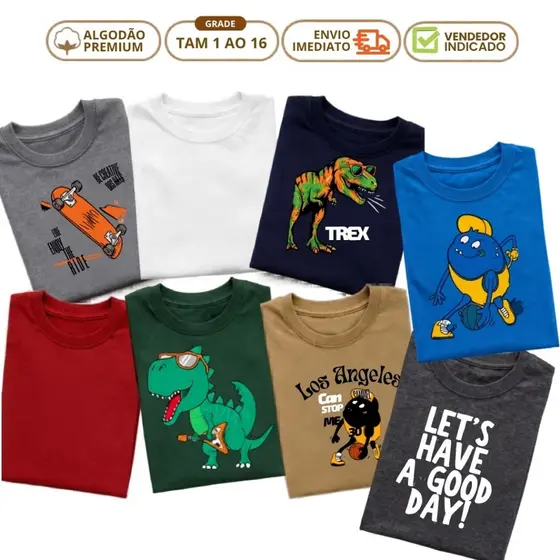 Kit 4 Camiseta Infantil Masculino Verão Menino em Algodão Personagens Dino e Safari do 1 ao 16 anos