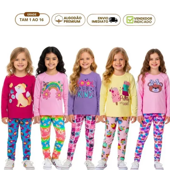 Kit 10 Peças Conjunto Infantil Feminino Meia Estação Roupa de Menina 5 Blusa de Manga 5 Legging com Elastano