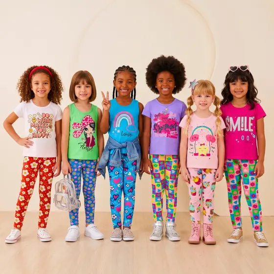 Kit 10 Peças Conjunto Verão Menina Moda Infantil Feminina 5 Camisa Sem Manga ou Regata 5 Legging Algodão