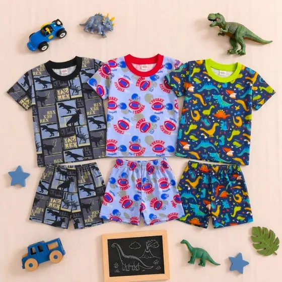 Kit 6 Peças Pijama Infantil Verão Masculino Juvenil Menino 3 Camiseta Curta 3 Bermuda Algodão 1 ao 16 Roupa de Dormir
