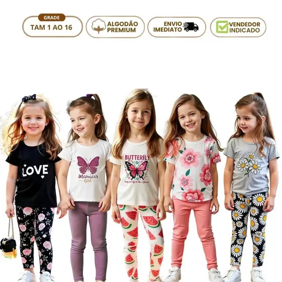 Kit 8 Peças Conjunto Infantil Menina Feminino Juvenil Verão Moda 4 Legging 4 Camiseta Regata 1 ao 16 Algodão